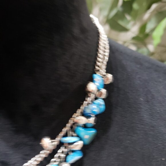 Womens Fashion Double Stranded  Silver Tone Chain Blue Beads Necklace with Lobst - Picture 3 of 6